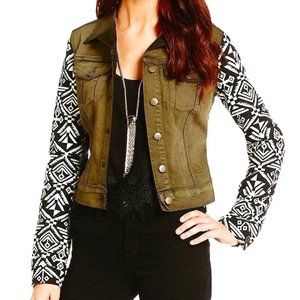 JESSICA SIMPSON MS SZ LARGE DARK OLIVE JACQUARD PRINT SLEEVES PIXIE DENIM JACKET